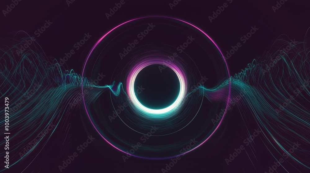 Poster abstract background in glowing neon colors with wavy lines flowing to the center and forming a circl