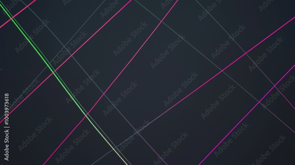 Poster minimalist abstract background featuring colorful lines intersecting on a dark background, creating 