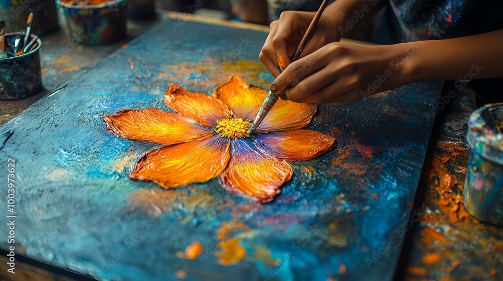 Wall mural artist with palette and brushes