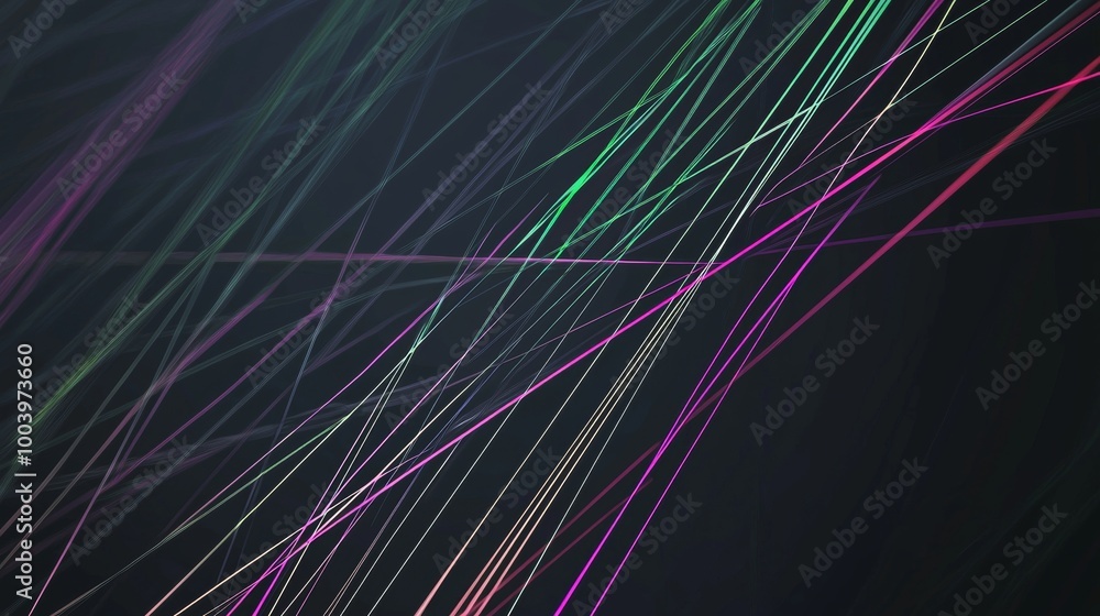 Poster colorful, bright lines are intersecting and crossing diagonally on a dark background, creating a dyn