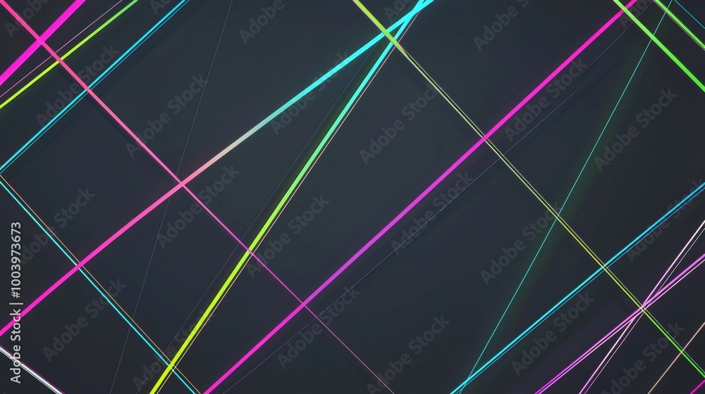 Poster geometric pattern of vibrant neon lights is crossing over a dark background, creating a modern and a