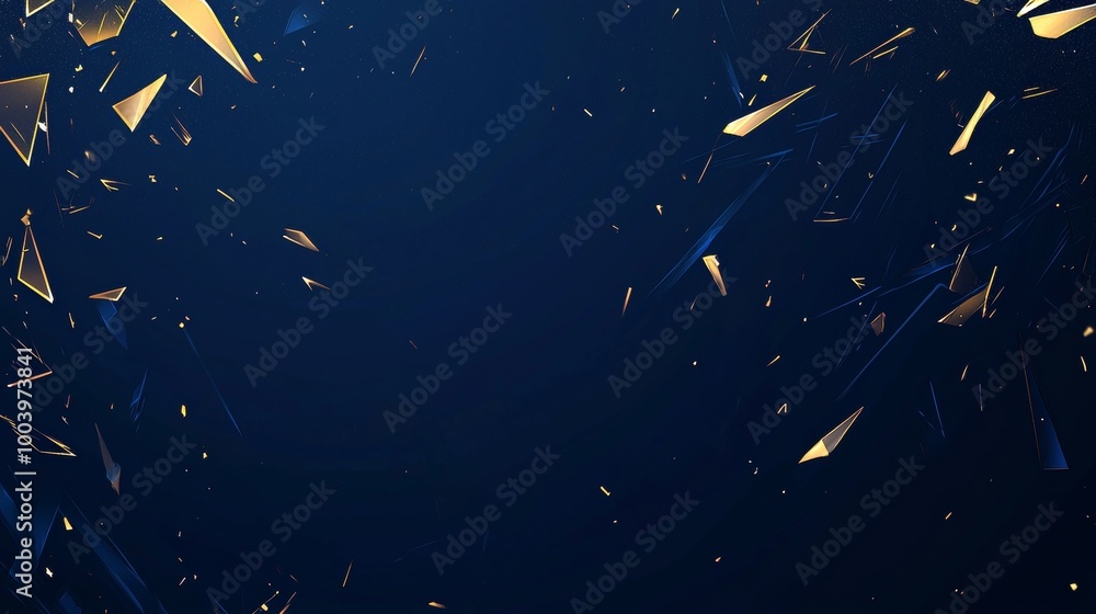 Poster golden shards gracefully soar through a mesmerizing deep blue backdrop, creating a captivating abstr