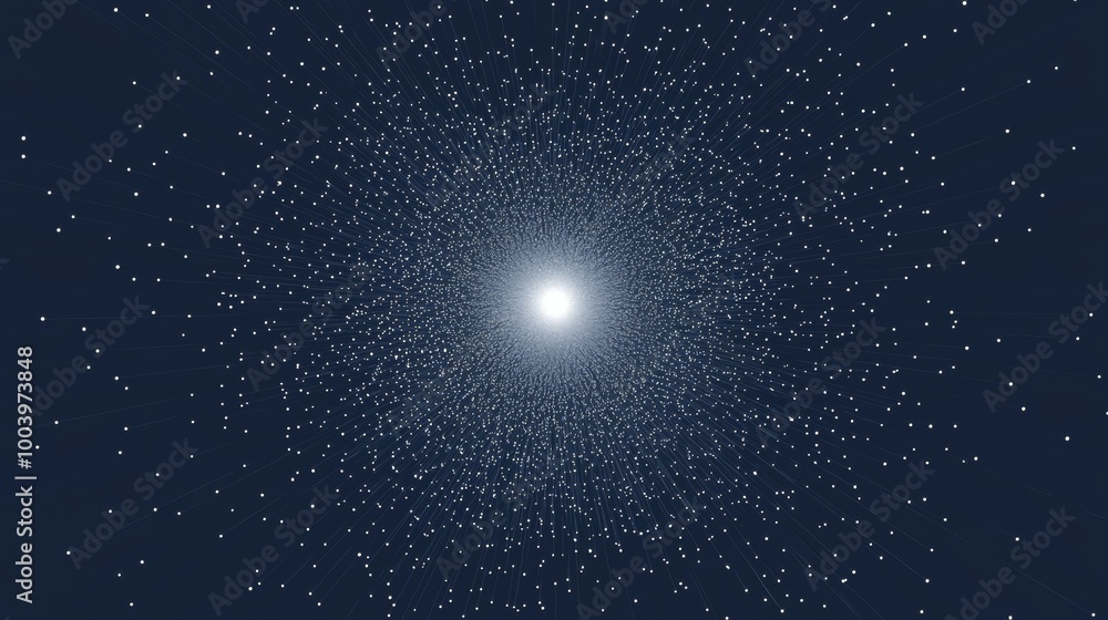 Poster abstract particles are streaming towards a bright light at the end of a tunnel. this abstract digita