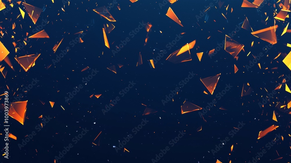 Poster digital illustration of glowing orange and yellow triangles with a depth of field effect, some are s