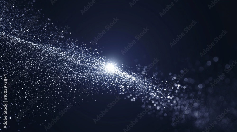 Poster abstract wave pattern forming from illuminated particles on dark blue background with copy space. pe