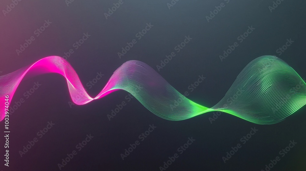 Poster glowing neon wave made of particles is flowing across a gradient background. this colorful design is