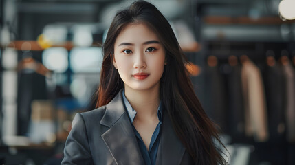Naklejka premium Beautiful Asian woman in a formal suit, businesswoman. Neural network AI generated art
