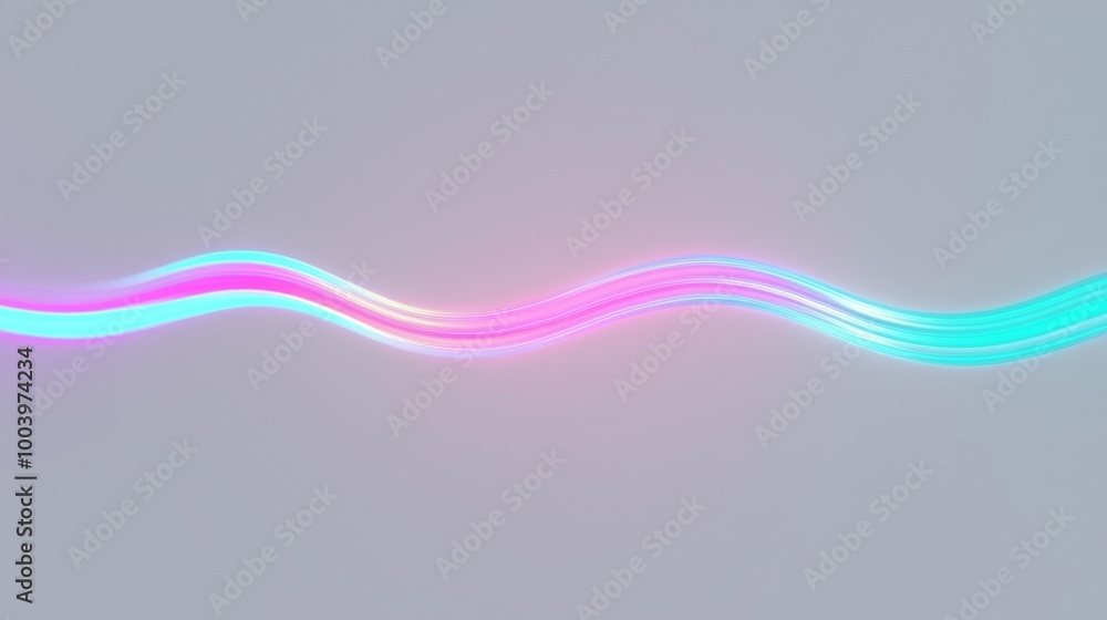 Poster Bright neon light trails flow in a mesmerizing wave on a gray background, creating a futuristic and energetic atmosphere. Perfect for adding color and energy to any project