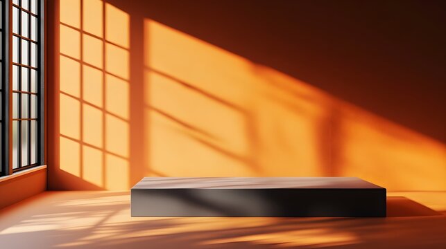 Minimalist 3D studio interior featuring a sleek orange accent wall a simple product display podium and directional lighting casting dramatic shadows from the window onto the table  The clean
