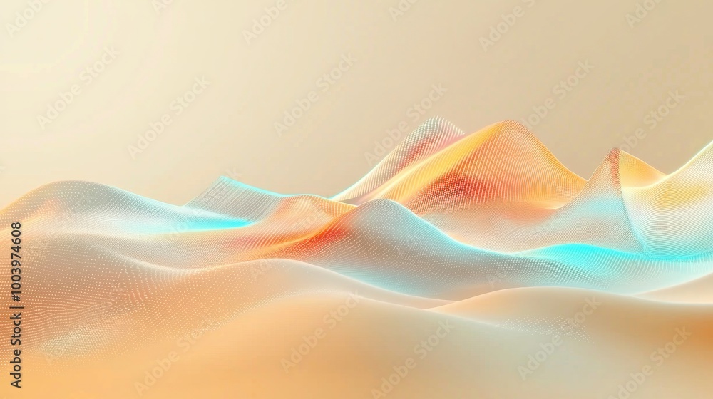 Poster Flowing particles create mesmerizing waves in a futuristic, digital design with vibrant colors blending smoothly. Curves and lines form a modern network, evoking innovation and elegance