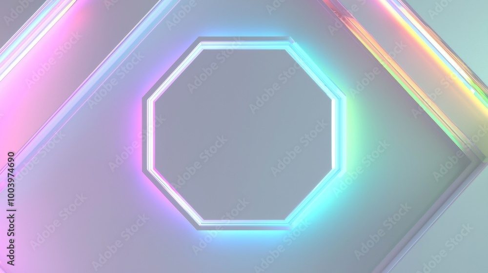 Poster glowing neon octagon frame is centered on a pastel background with iridescent light trails creating 