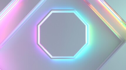 Glowing neon octagon frame is centered on a pastel background with iridescent light trails creating a modern and futuristic feel