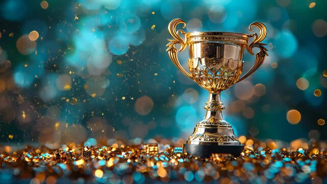 golden trophy award bokeh soft blue background