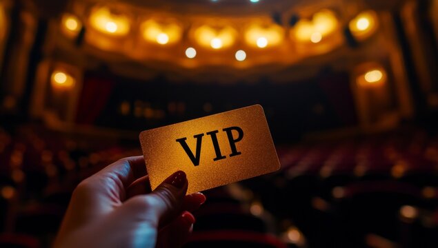 A close-up shot of a hand holding a golden VIP pass with a blurred background of lights.