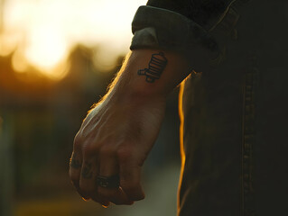 A close-up view of a hand with a tattoo, against a scenic sunset background, reflecting a personal story and style.
