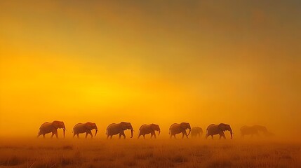 Fototapeta premium A herd of majestic elephants trekking across the dusty sun drenched savannah of the African continent their imposing forms silhouetted against the vast and rugged landscape