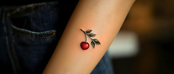 Obraz premium A vibrant cherry tattoo on a person's forearm, showcasing artistry and personal expression against a soft background.