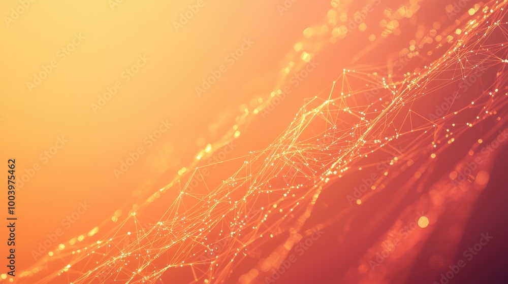 Poster abstract network background connecting lines and dots forming an orange plexus with a bright light i