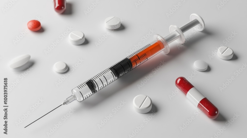 Poster a syringe with a red liquid in it is surrounded by a variety of pills