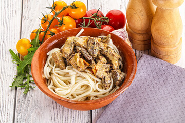 Asian udon noodles with beef