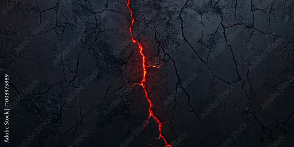 Poster glowing hot magma flows from a crack in the earth, creating a dramatic effect with fiery red and ora