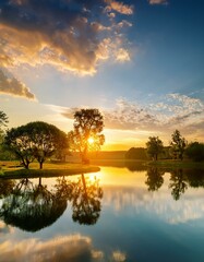 Obraz premium Romantic Evening by the Lake Surrounded by Trees and a Beautiful Sky