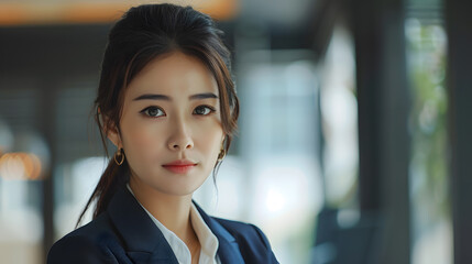 Naklejka premium Beautiful Asian woman in a formal suit, businesswoman. Neural network AI generated art