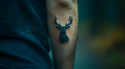 A detailed tattoo of a deer head on a person's forearm, showcasing intricate designs and artistic expression.