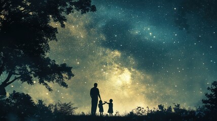 Silhouette of a parent and child under a starry sky, evoking wonder and connection.