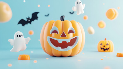 Adorable 3D pumpkin featuring a cheerful expression, painted in pastel hues, set against a gentle pastel blue backdrop filled with whimsical floating ghosts and bats.