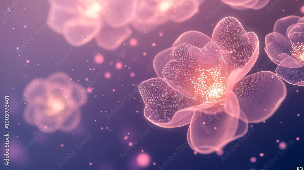 Poster graceful glowing flower particles float in front of a vibrant purple background. evoking beauty and 