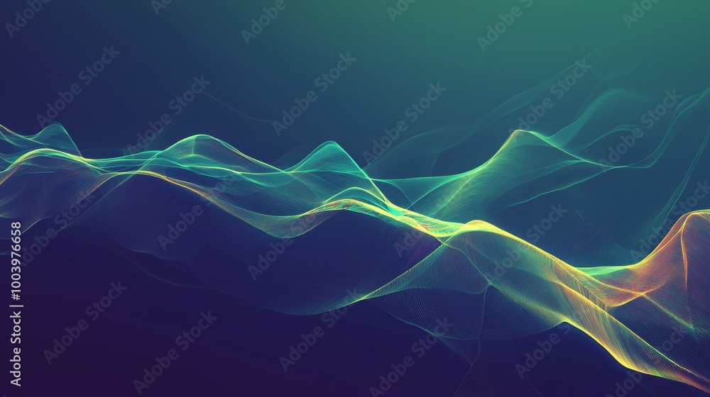 Poster abstract digital wave of particles flowing on a dark background with a gradient from green to blue. 