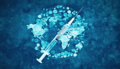 Syringe on blue abstract world map background highlighting global health focus on world diabetes day concept