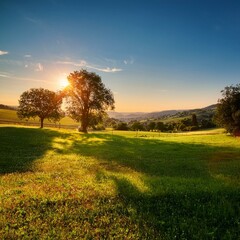 Late Summer Radiance: Orange Sun and Shaded Trees in a Small Country Pasture