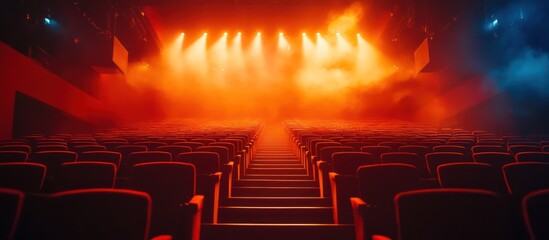 Rows of empty red seats in a theater with bright lights and smoke.