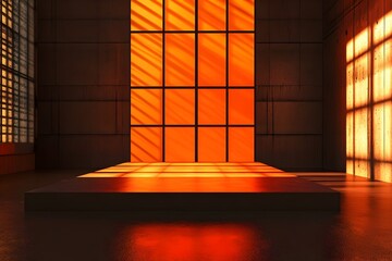 Sparse and minimalist 3D interior scene with backlit orange backdrop panels a solitary raised platform and stark shadows cast by side window illumination conveying a sleek and industrial aesthetic