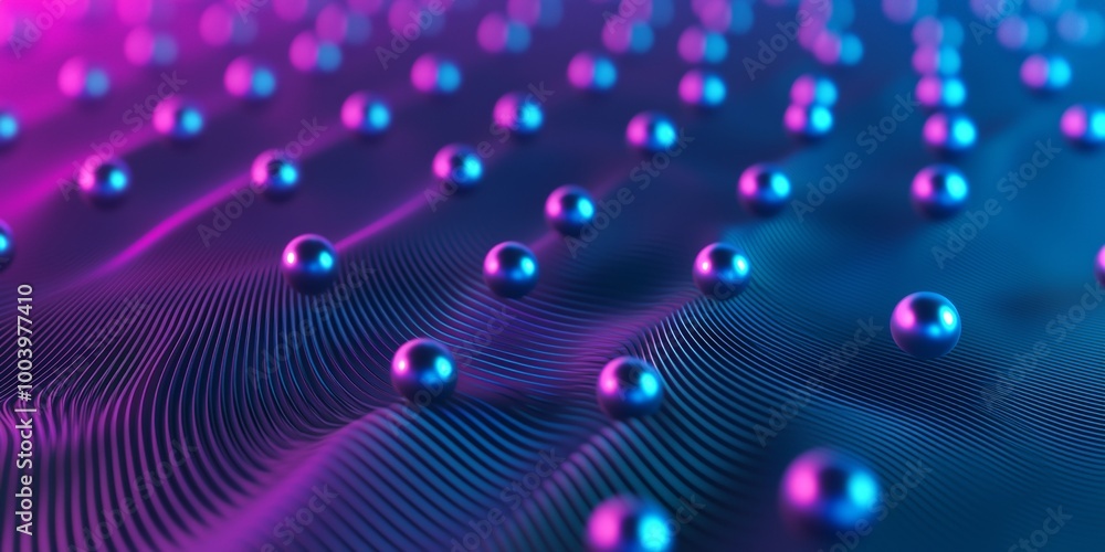 Poster abstract background with spheres rolling on wavy surface illuminated by neon lights, creating a futu