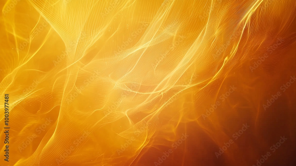 Poster abstract golden waves of lines and particles flowing in virtual space, perfect for technology, scien