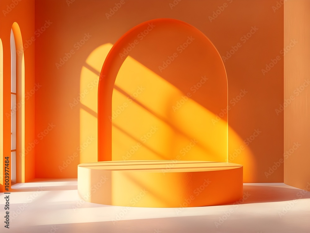Poster minimalist 3d product display with warm orange backdrop and directional window light clean architect