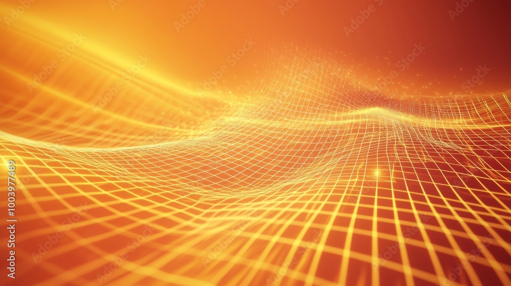 Poster luminous grid is forming a digital landscape with flowing lines and particles, creating a futuristic