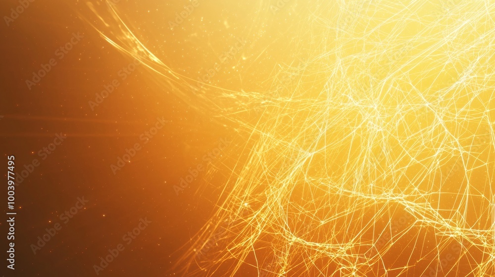 Poster golden particles and lines flow on orange background, creating futuristic network perfect for tech w