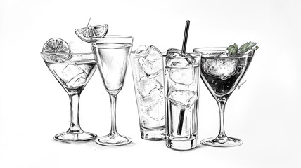 A variety of refreshing cocktails and drinks displayed elegantly on a white background
