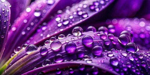 A close-up view of water droplets on a vibrant purple flower petal, showcasing the beauty of nature's intricate details.