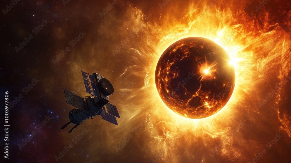 Canvas Prints an artistic rendering of a satellite capturing images of a solar eclipse from space, with the sun an