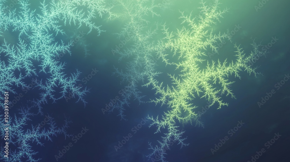 Poster glowing fractal structures are branching out against a blue and green background. this abstract illu