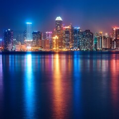 Obraz premium Nightfall Brilliance: City and Church Reflected in the Calm Waters