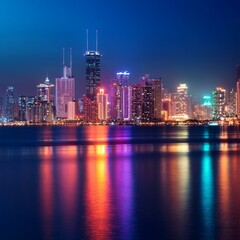 Obraz premium Nocturnal Splendor: City Reflections and Church Silhouettes on the Water