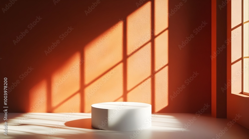 Aufkleber sleek and modern 3d studio environment featuring a minimalist white product podium warm orange walls