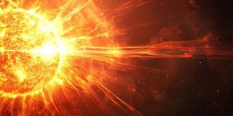 Obraz premium Massive solar flare bursts from the sun, sending waves of energy into space, creating a stunning display of heat and light in shades of orange, yellow, and red