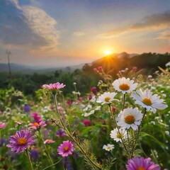 Breezy Beauty: Wildflowers and a Stunning Sunset Under Clear Skies